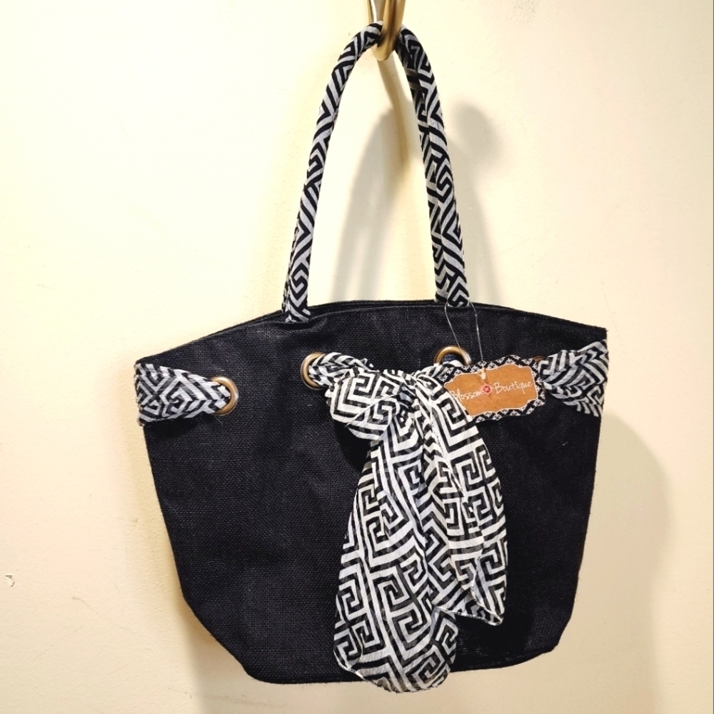 Blossom Boutique black Beach tote with scarf NWT